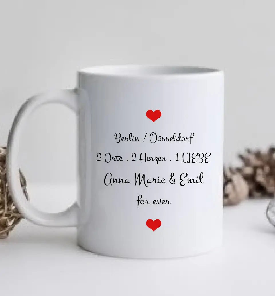 Hochzeitsgeschenk Personalisierte Tasse mit Herz - Wo alles begann - 2 Orte - Kennenlernorte