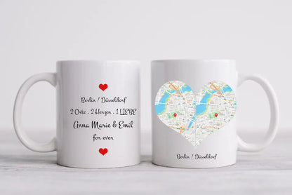 Hochzeitsgeschenk Personalisierte Tasse mit Herz - Wo alles begann - 2 Orte - Kennenlernorte