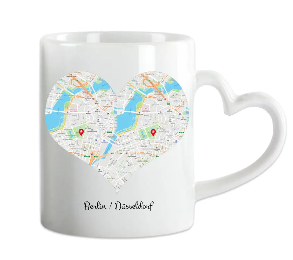 Hochzeitsgeschenk Personalisierte Tasse mit Herz - Wo alles begann - 2 Orte - Kennenlernorte