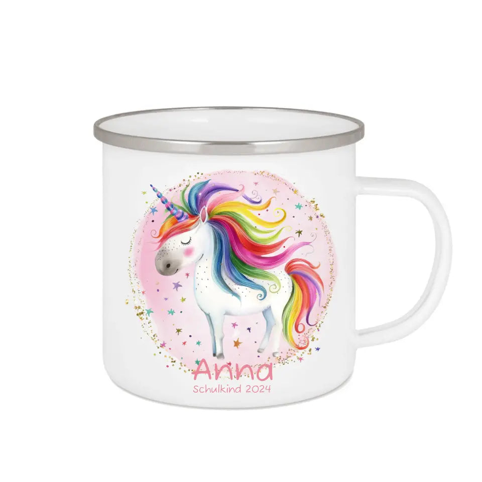 Personalisierte Emaille Kindertasse Einhorn mit Namen - Kinderbecher Geschenk Geburtstag