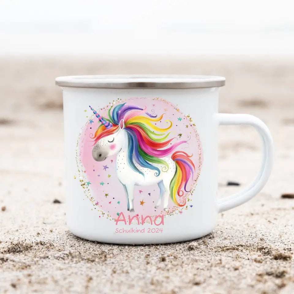 Personalisierte Emaille Kindertasse Einhorn mit Namen - Kinderbecher Geschenk Geburtstag