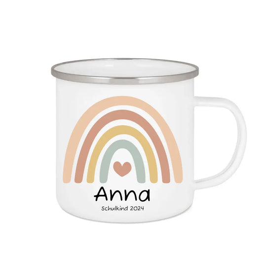 Schulanfang Kindertasse Schulkind 2024 - Emaille Kinderbecher Regenbogen Einschulung mit Namen personalisiert - Einschulungsgeschenk