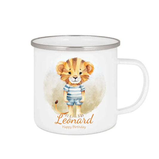 Schulanfang Kindertasse Schulkind 2024 & Weihnachtsgeschenk - Emaille Kinderbecher LÖWE Einschulung mit Namen personalisiert - Einschulungsgeschenk