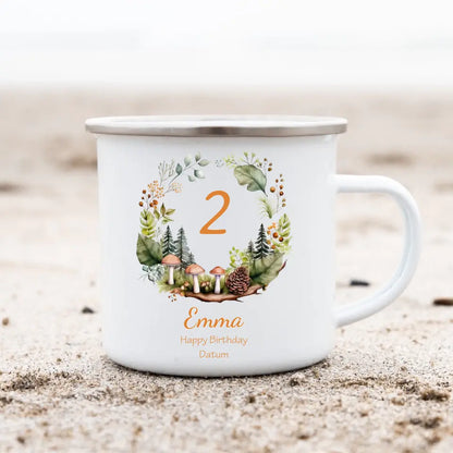 Schulanfang Kindertasse - Emaille Kinderbecher Wald mit Namen personalisiert - Geburtstagsgeschenke