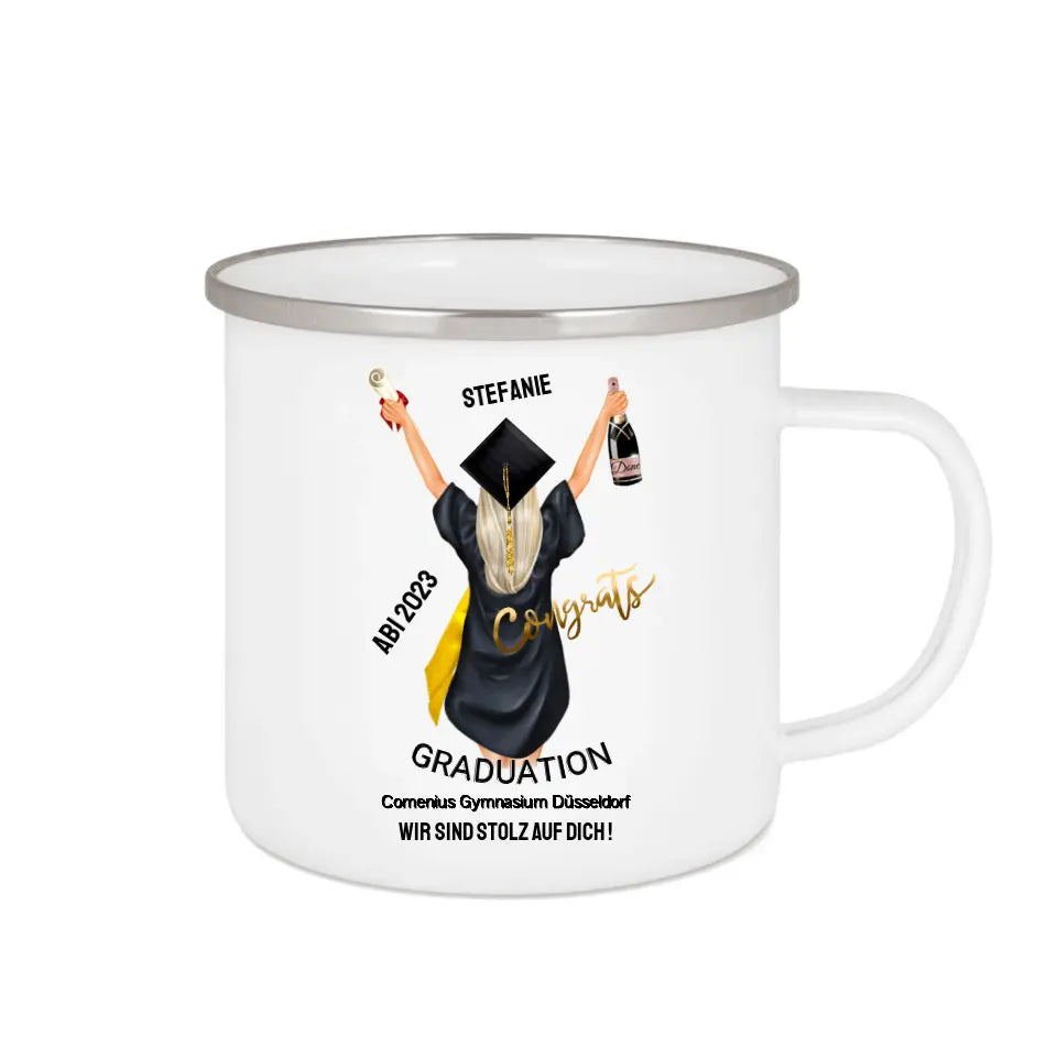 Personalisierte Tasse - Abschlussgeschenk, Abitur, Bachelor, Master, Doktor- Emaille Tasse