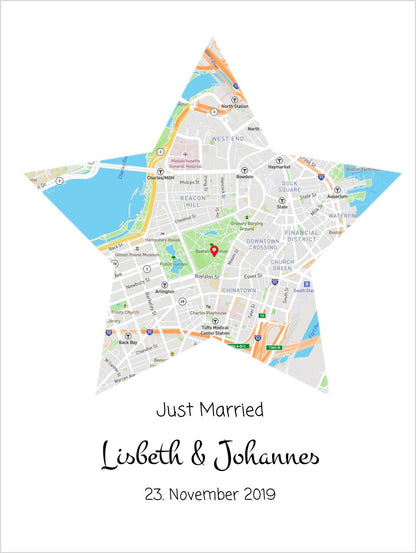 "Just Married" personalisiertes Hochzeitsgeschenk | Koordinaten Poster Stern im Stadtkarte Design | Geschenkidee