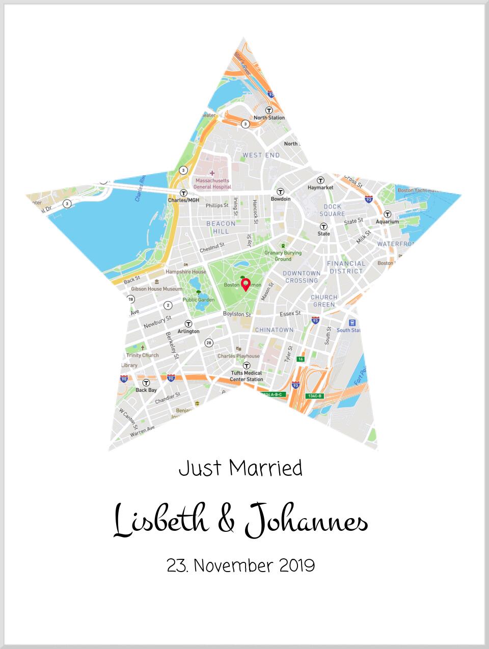 "Just Married" personalisiertes Hochzeitsgeschenk | Koordinaten Poster Stern im Stadtkarte Design | Geschenkidee
