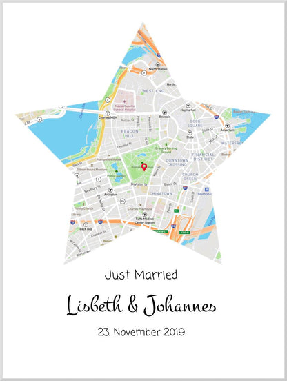 "Just Married" personalisiertes Hochzeitsgeschenk | Koordinaten Poster Stern im Stadtkarte Design | Geschenkidee
