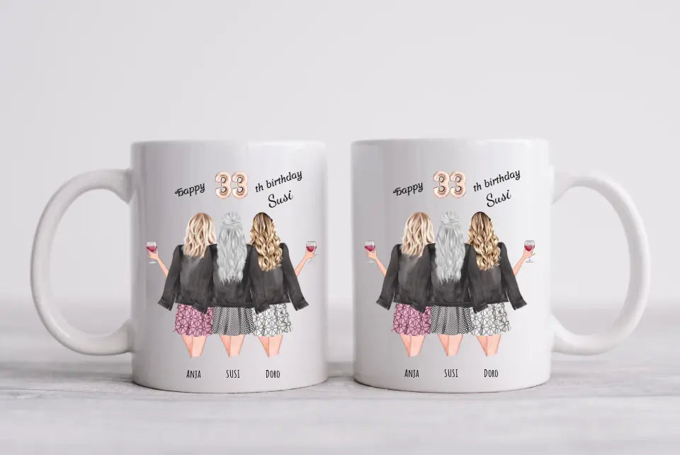 Personalisierte Tasse zum 33. Geburtstag Geschenk Frau - 3 beste Freundinnen Geschenk mit Name