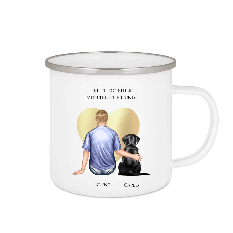 Geschenk Freund, Mann / Junge mit Hund Emaille Tasse Geburtstagsgeschenk Hundebesitzer Weihnachtsgeschenk