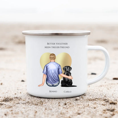 Geschenk Freund, Mann / Junge mit Hund Emaille Tasse Geburtstagsgeschenk Hundebesitzer Weihnachtsgeschenk