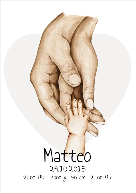 Personalisierte Geburtsanzeige | Hände Poster | Bild Familie | Kindername | personalisiertes Familiengeschenk | Geburtsdaten
