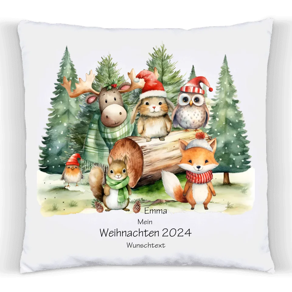 Nikolausgeschenk, Weihnachtsgeschenk kuscheliges Kissen Geschenk mit Waldtieren für Mädchen & Junge mit Namen und Wunschtext personalisierbar