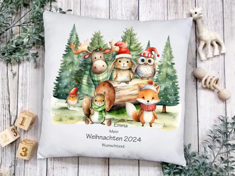 Nikolausgeschenk, Weihnachtsgeschenk kuscheliges Kissen Geschenk mit Waldtieren für Mädchen & Junge mit Namen und Wunschtext personalisierbar