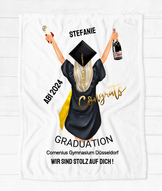 Abschlussgeschenk Abitur, Bachelor, Master, Doktor für Tochter, Freundin - kuschelige Fleece Premium Decke personalisiert mit Name & Text