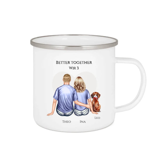 Paar mit Hund Geschenk Hundebesitzer - Emaille Tasse mit Hund - Geburtstagsgeschenk Hundebesitzer Weihnachtsgeschenk