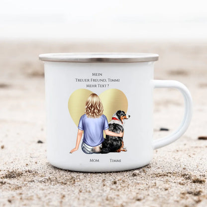 Geschenk Mädchen / Frau mit Hund Emaille Tasse personalisiert - Geburtstagsgeschenk Geschenk Hundebesitzerin Weihnachtsgeschenk