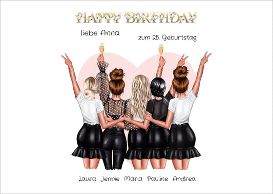 Personalisiertes Geburtstag Poster Geschenk beste Freundin   | 5 Freundinnen Bild Geschenk | Glückwunsch Geschenk beste Freundin