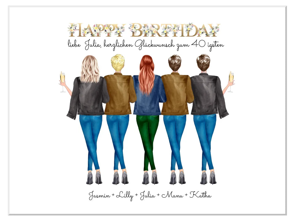 40 Geburtstag personalisiertes Poster Geschenk beste Freundin | 5 Freundinnen Bild Geschenk | Glückwunsch Geschenk beste Freundin