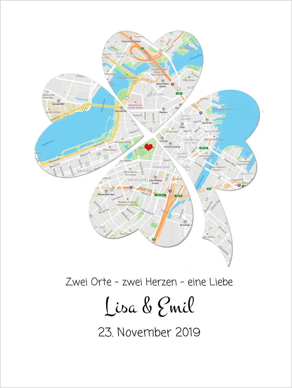 Wo alles begann Poster | Personalisierte Stadtkarte | 2 Orte, Kleeblatt | Hochzeitstaggeschenk - Valentinstaggeschenk - Glückwünsche-Hochzeitswünsche