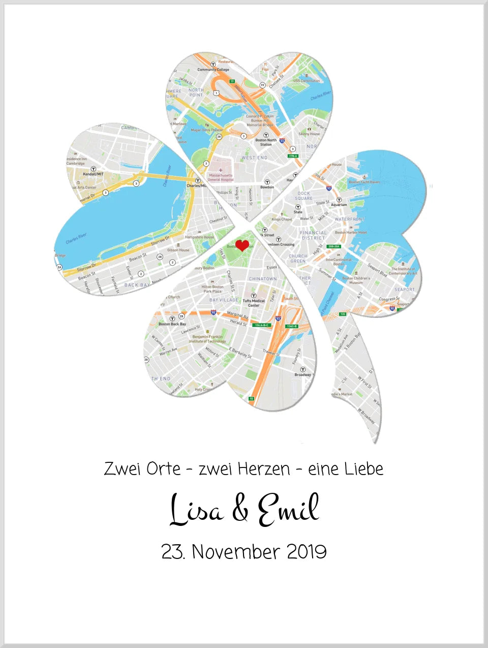 Wo alles begann Poster | Personalisierte Stadtkarte | 2 Orte, Kleeblatt | Hochzeitstaggeschenk - Valentinstaggeschenk - Glückwünsche-Hochzeitswünsche