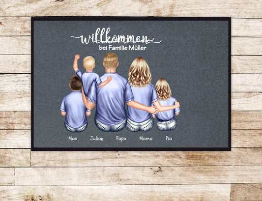 Geschenk Familie | Personalisierte Fußmatte Familie Mama | Papa, 3 Kindern mit Name | Dekofußmatte