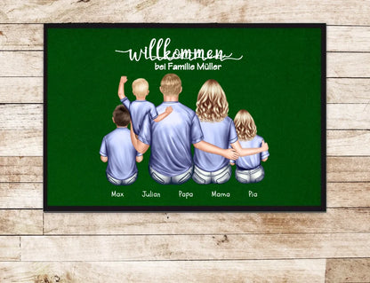 Geschenk Familie | Personalisierte Fußmatte Familie Mama | Papa, 3 Kindern mit Name | Dekofußmatte