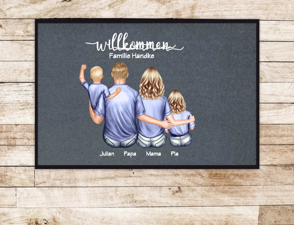 Geschenk Familie | Personalisierte Fußmatte Familie Mama | Papa, 2 Kindern, Baby mit Name | Dekofußmatte