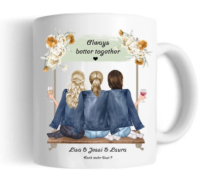 Geschenk 3 beste Freundinnen auf der Schaukel personalisierte Tasse mit Spruch, Geburtstagsgeschenk