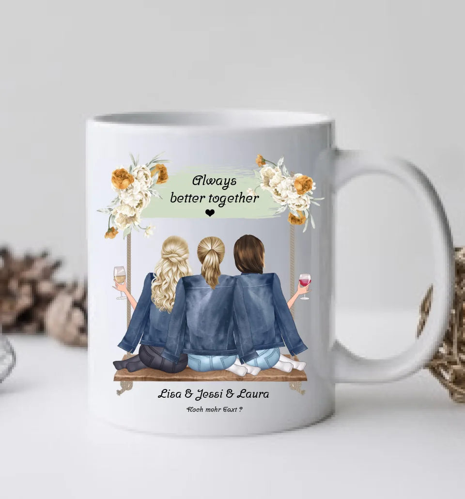 Geschenk 3 beste Freundinnen auf der Schaukel personalisierte Tasse mit Spruch, Geburtstagsgeschenk