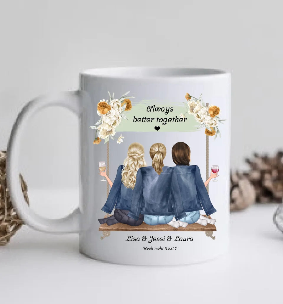 Geschenk 3 beste Freundinnen auf der Schaukel personalisierte Tasse mit Spruch, Geburtstagsgeschenk