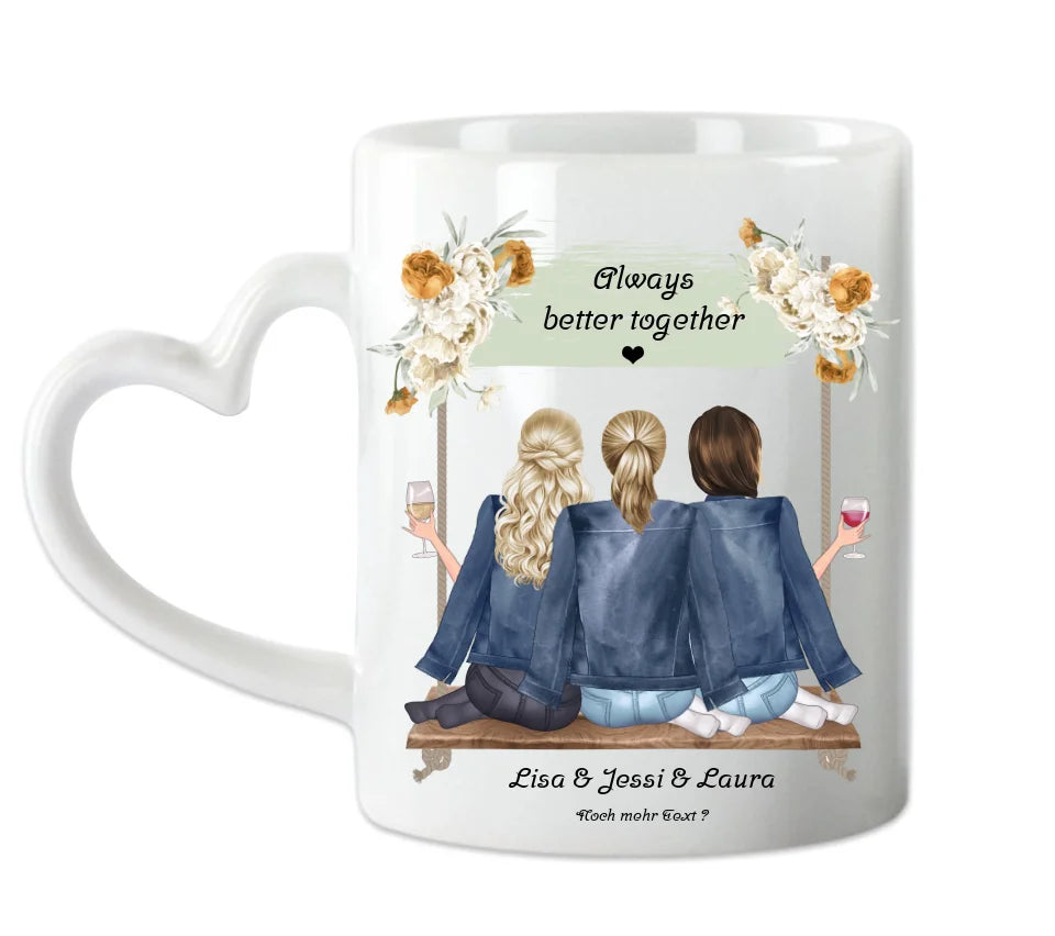 Geschenk 3 beste Freundinnen auf der Schaukel personalisierte Tasse mit Spruch, Geburtstagsgeschenk
