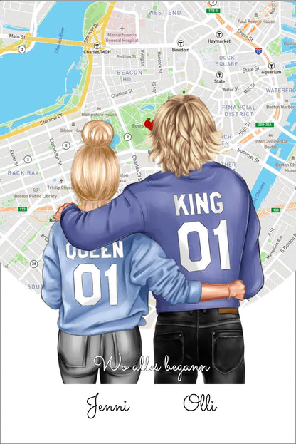 Personalisiertes Poster Geschenk für Freund / Freundin & Partnerin/Partner - Pärchen, Geschenk - Paar Bild mit Stadtkarte / Sternenkarte