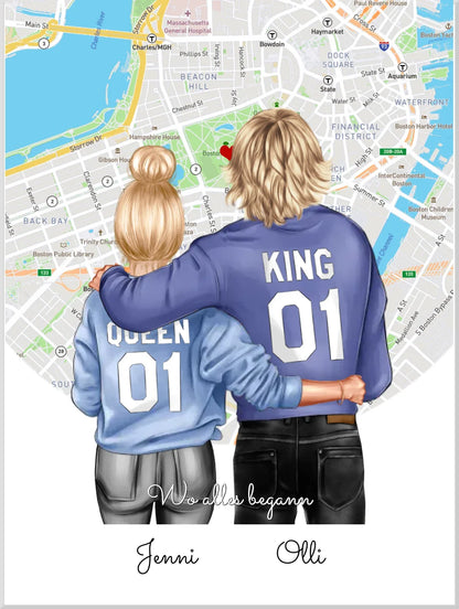Personalisiertes Poster Geschenk für Freund / Freundin & Partnerin/Partner - Pärchen, Geschenk - Paar Bild mit Stadtkarte / Sternenkarte