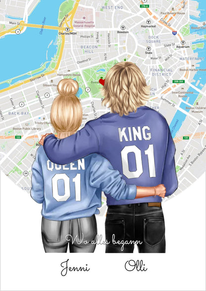 Personalisiertes Poster Geschenk für Freund / Freundin & Partnerin/Partner - Pärchen, Geschenk - Paar Bild mit Stadtkarte / Sternenkarte