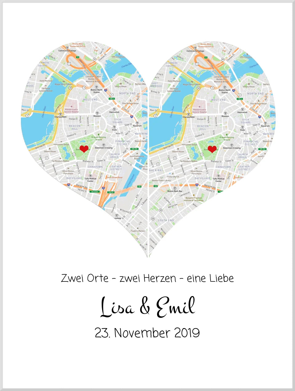 Wo alles begann Poster | Personalisierte Stadtkarte mit Herz - 2 Orte, ein Herz -Kennenlernorte - Städtekarte - Hochzeitsgeschenk-Hochzeitstag Geschenk- Glückwünsche-Hochzeitswünsche