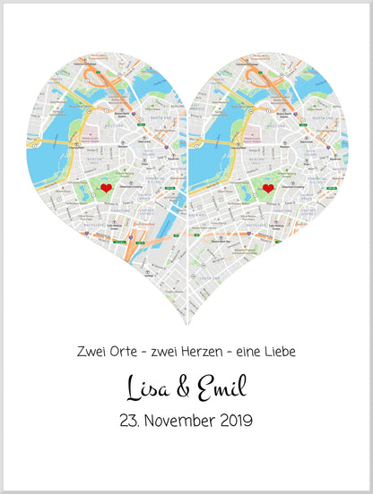 Wo alles begann Poster | Personalisierte Stadtkarte mit Herz - 2 Orte, ein Herz -Kennenlernorte - Städtekarte - Hochzeitsgeschenk-Hochzeitstag Geschenk- Glückwünsche-Hochzeitswünsche