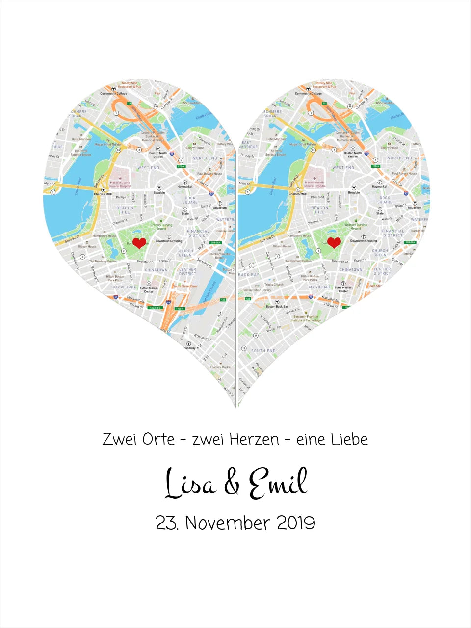 Wo alles begann Poster | Personalisierte Stadtkarte mit Herz - 2 Orte, ein Herz -Kennenlernorte - Städtekarte - Hochzeitsgeschenk-Hochzeitstag Geschenk- Glückwünsche-Hochzeitswünsche