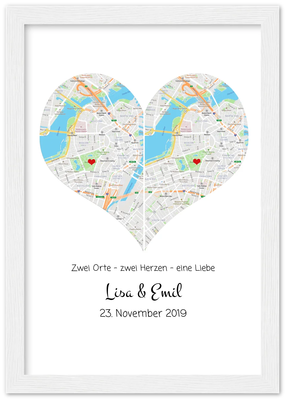 Wo alles begann Poster | Personalisierte Stadtkarte mit Herz - 2 Orte, ein Herz -Kennenlernorte - Städtekarte - Hochzeitsgeschenk-Hochzeitstag Geschenk- Glückwünsche-Hochzeitswünsche