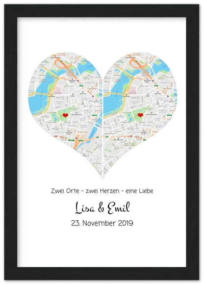 Wo alles begann Poster | Personalisierte Stadtkarte mit Herz - 2 Orte, ein Herz -Kennenlernorte - Städtekarte - Hochzeitsgeschenk-Hochzeitstag Geschenk- Glückwünsche-Hochzeitswünsche