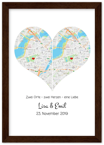 Wo alles begann Poster | Personalisierte Stadtkarte mit Herz - 2 Orte, ein Herz -Kennenlernorte - Städtekarte - Hochzeitsgeschenk-Hochzeitstag Geschenk- Glückwünsche-Hochzeitswünsche