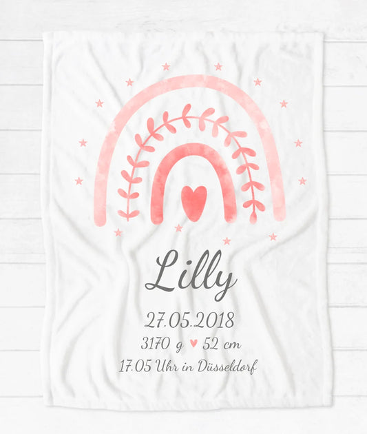 Kuscheliges Geburtsgeschenk Babydecke personalisiert, Geschenk zur Geburt, zur Taufe, Taufgeschenk, Fleecedecke mit Regenbogen