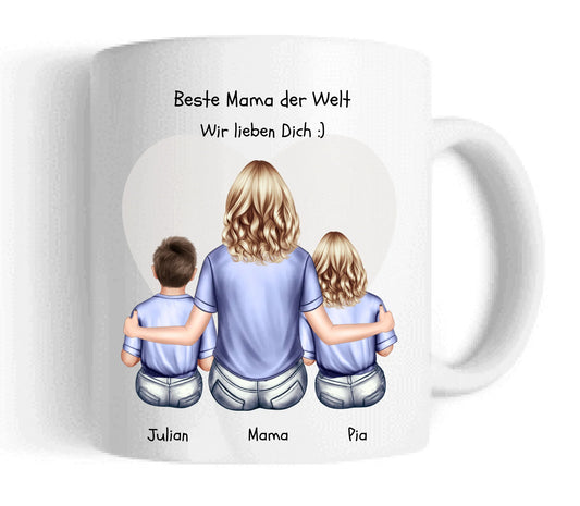 Personalisiertes Geschenk Tasse Muttertag - Mama Geburtstagsgeschenk - Ostergeschenk Tasse mit 2 Kindern