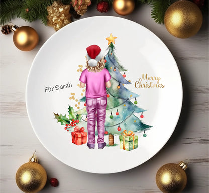Personalisiertes Weihnachtsgeschenk Tasse / Teller Junge, Mädchen mit Name und Outfit