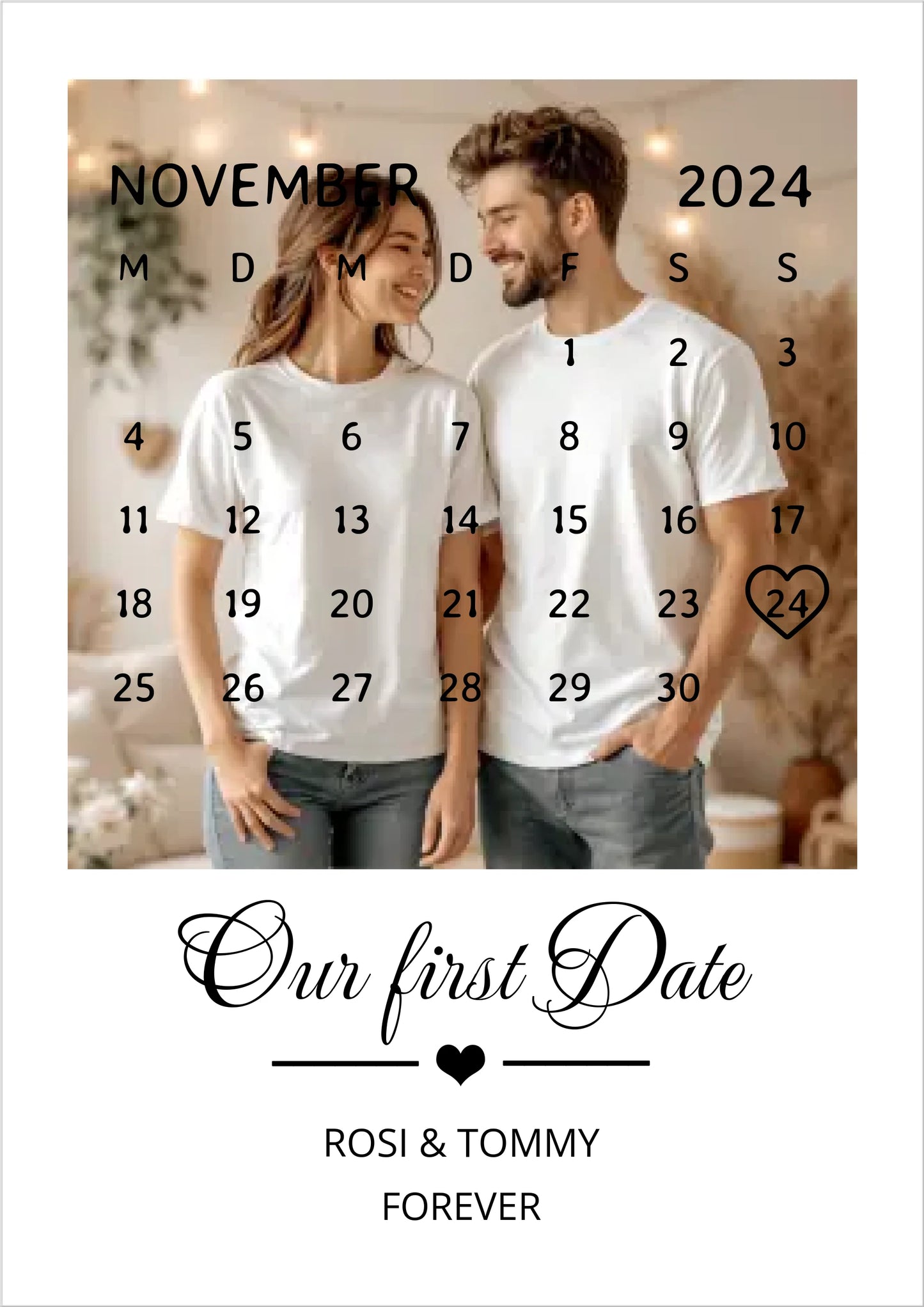 "OUR FIRST DATE" Kalender Fotoposter für Paare | Personalisiertes Geschenk Valentinstag | Hochzeitstag | Jahrestag