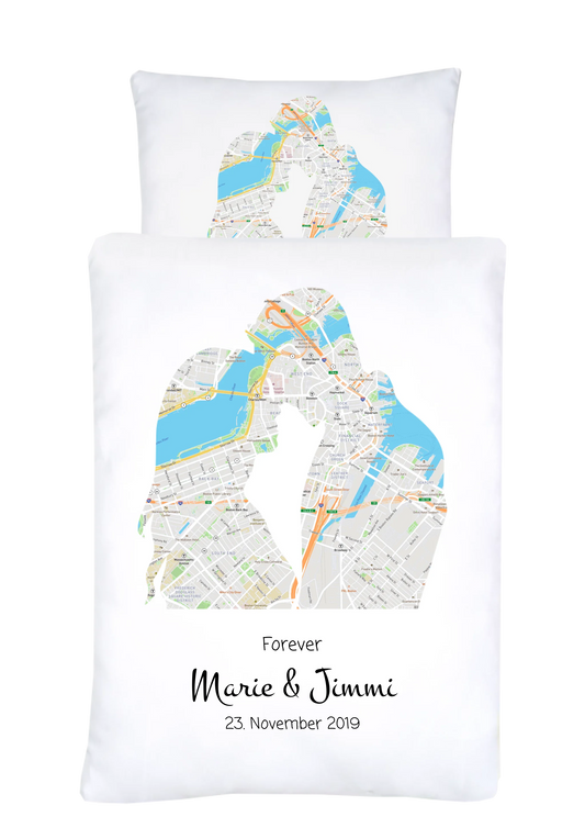 Hochzeitsgeschenk Forever | Personalisierter Bettbezug Liebespaar Motiv | Geschenk zur Hochzeit, Valentin, Liebe im Koordinaten Stadtkarte Design
