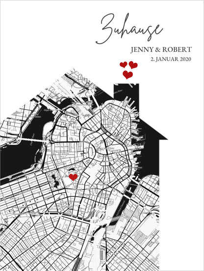 Zuhause Poster "Haus" personalisiertes Geschenk | Stadtkarte Einzugsgeschenk | Koordinaten Bild Richtfest