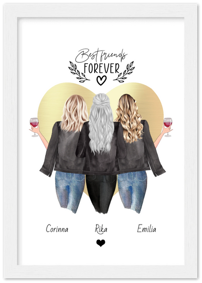 3 Beste Freundinnen Poster gerahmt - True Friends - Personalisiertes Geschenk Freundin Bild - Geburtstagsgeschenk Schwester