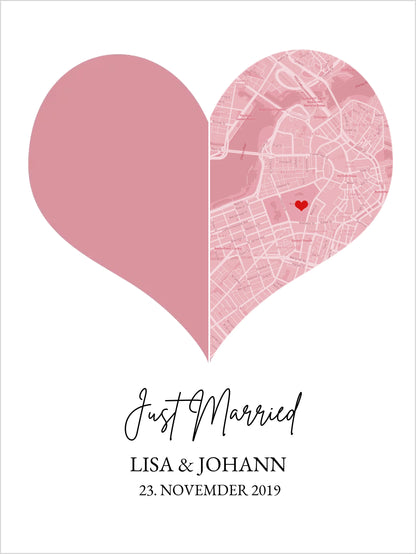 Just Married Hochzeitsposter Geschenk personalisiert | Geschenk zur Hochzeit mit Foto | Fotoposer Stadtkarte Bild