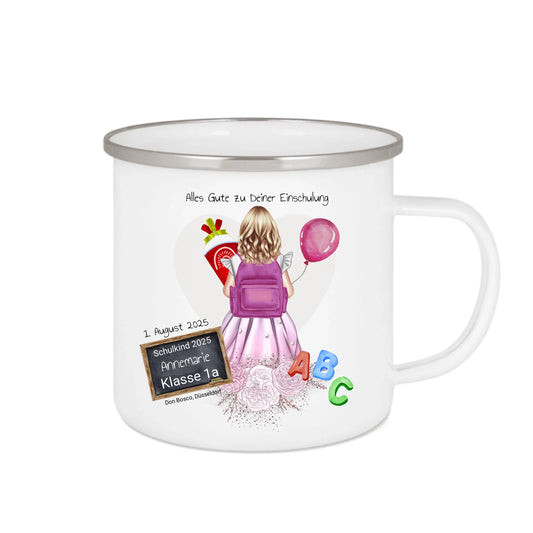 Schulanfang Kindertasse Schulkind 2025 - Emaille Kinderbecher Mädchen Einschulung mit Namen personalisiert - Geburtstagsgeschenke